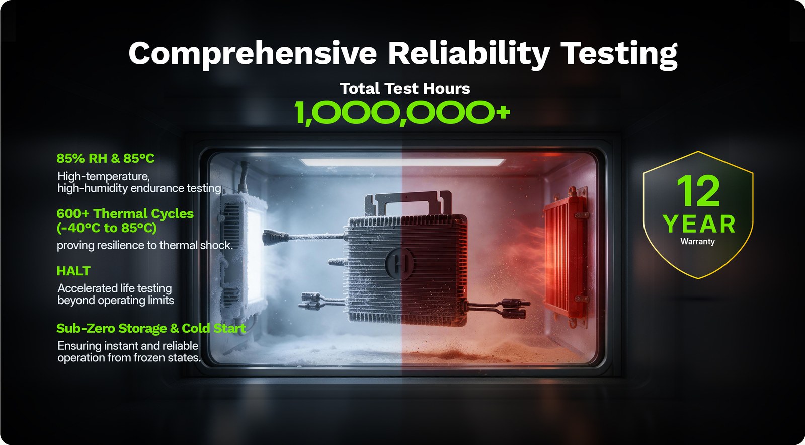 Comprehensive reliability testing: 1,000,000+ total test hours, HALT, thermal cycles and 12-year warranty